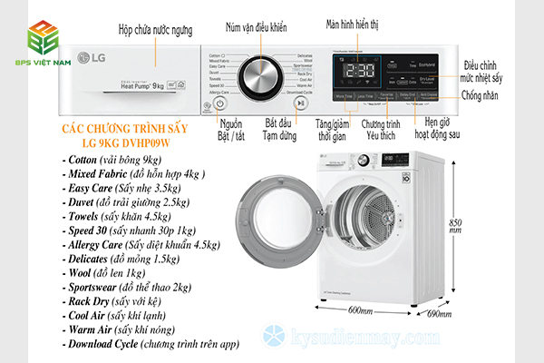 tổng hợp các chương trình sấy của máy sấy quần áo LG DVHP09W