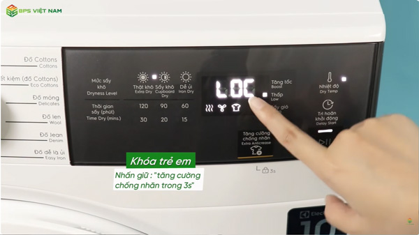Cài đặt khóa trẻ em trên  Máy sấy thông hơi Electrolux EDV904H3WC 9kg 