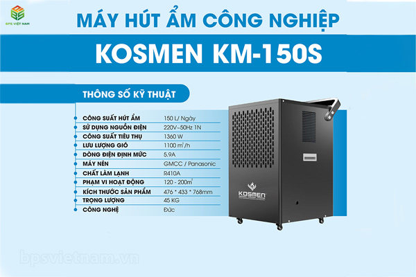 Thông số kỹ thuật máy hút ẩm công nghiệp Kosmen KM-150S
