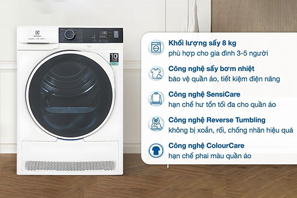 Máy sấy quần áo công nghệ bơm nhiệt Electrolux EDH804H5WB