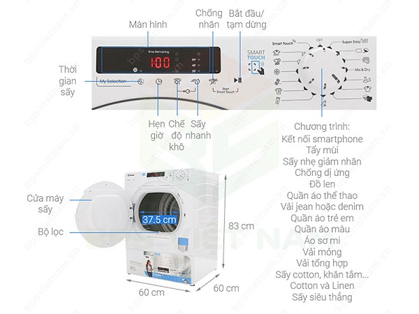 Đánh giá máy sấy quần áo Candy CSE V9DF-S 9kg