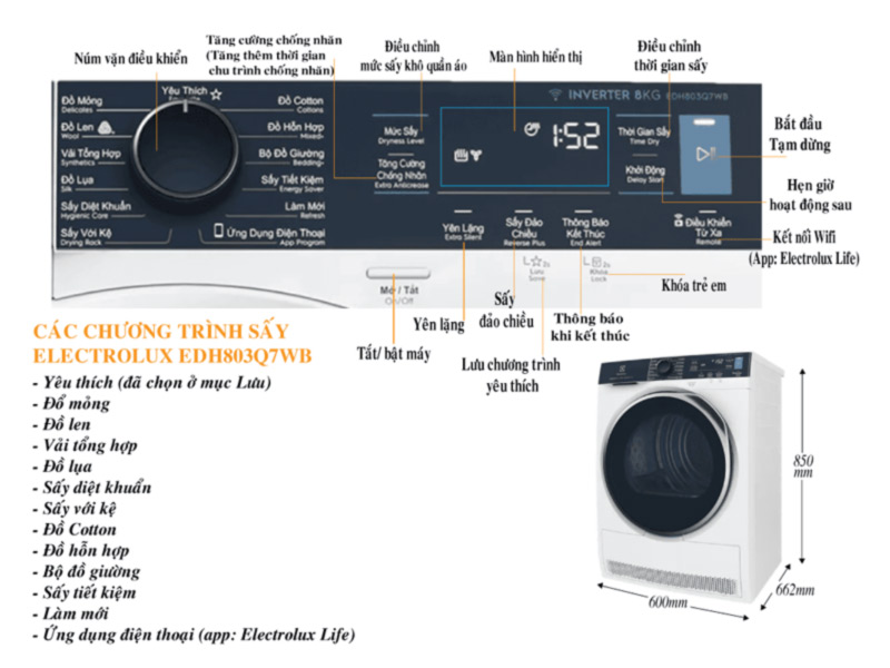 Các chương trình sấy của Máy sấy quần áo Electrolux EDH803Q7WB