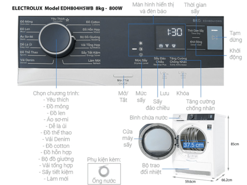 Bảng điều khiển của Máy sấy quần áo Electrolux EDH804H5WB