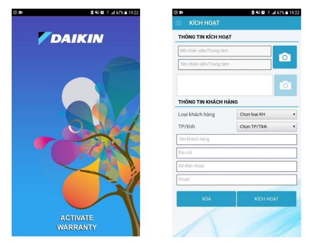 Kích hoạt bằng ứng dụng Daikin E-Warranty