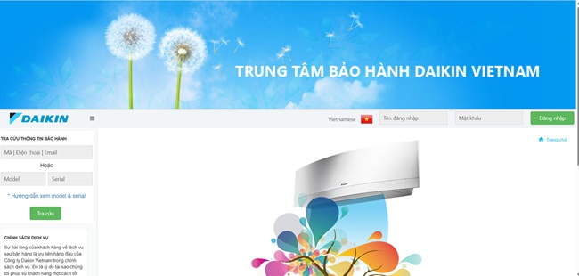 Tra cứu thông tin bảo hành tại website của Daikin
