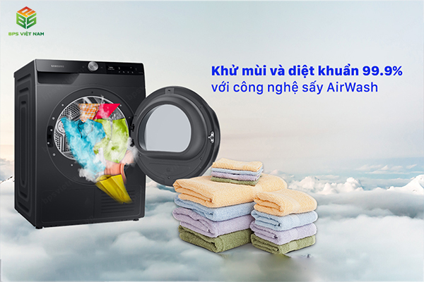 máy sấy quần áo Samsung DV90T7240BB/SV Giặt khô, khử mùi hiệu quả với công nghệ Air Wash