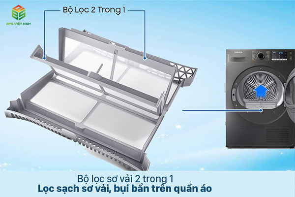 Máy sấy quần áo Samsung DV90TA240AX/SV Lọc sạch xơ vải, bụi bẩn còn sót lại với bộ lọc 2 trong 1 tiện lợi