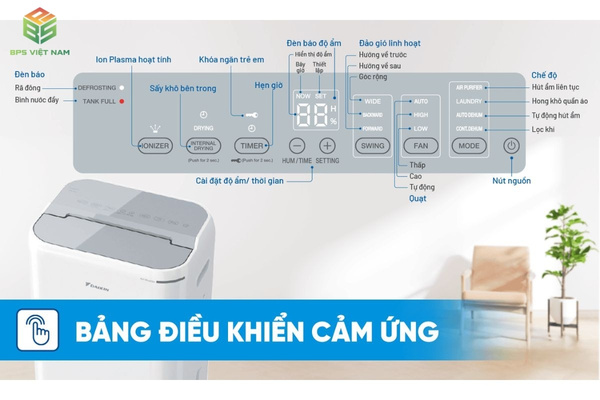 Quan sát bảng điều khiển máy hút ẩm lọc khí Daikin JPF12AV2
