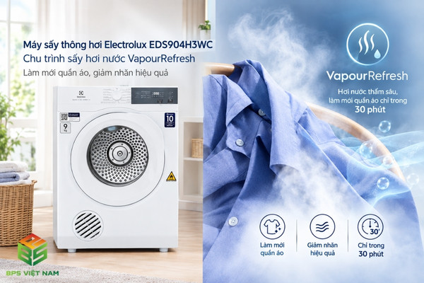 Chu trình VapourRefresh (sấy bằng hơi nước) tích hợp trên Electrolux EDS904H3WC