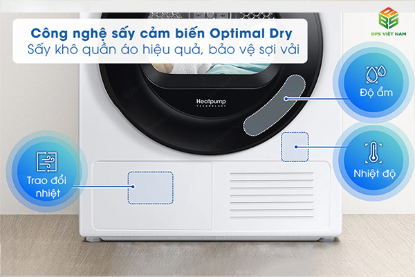 Máy sấy bơm nhiệt Samsung DV90TA240AE/SV trang bị bộ 3 cảm biến Optimal Dry gồm có khả năng tự động điều chỉnh nhiệt độ và thời gian sấy phù hợp