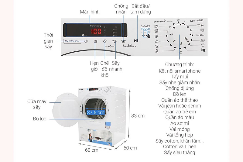 Các nút trên bảng điều khiển của máy sấy Candy 9kg CSE V9DF-S