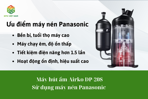 Máy hút ẩm công nghiệp Airko DP-20S sử dụng máy nén panasonic có độ bền cao