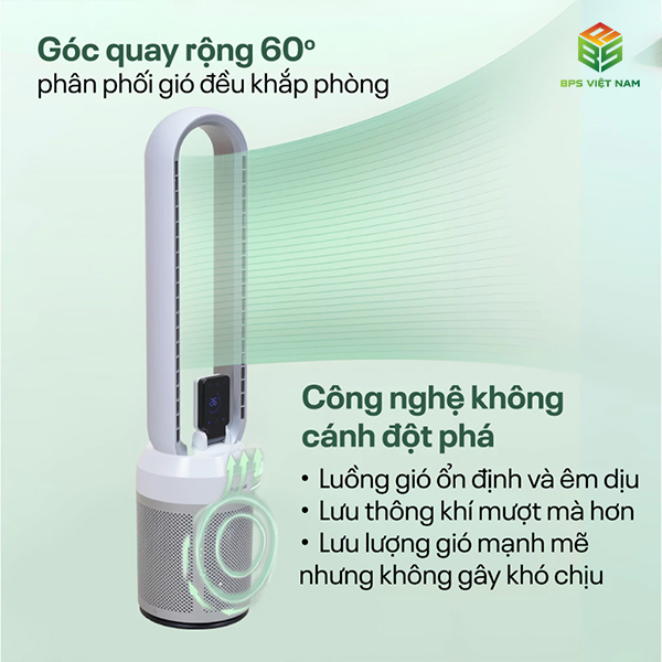 Quạt không cánh tích hợp lọc không khí Fujihome BF308DC Làm mát diện rộng với góc quay 60 độ