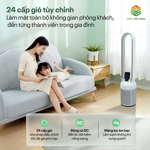 Quạt không cánh tích hợp lọc không khí Fujihome BF308DC Làm mát linh hoạt với 24 cấp gió