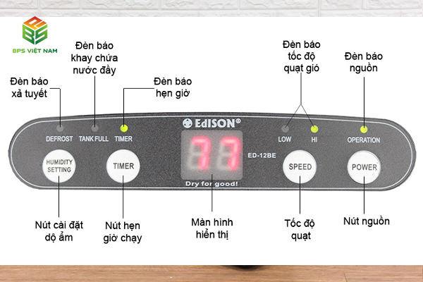 Màn hình hiển thị độ ẩm của máy hút ẩm Edison 12