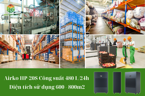 Máy hút ẩm công nghiệp Airko HP-20S (480 Lít/24h) thích hợp sử dụng cho kho xưởng 600 - 800m2